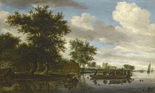 The River Lek With A Rowing Boat And Cattle Ferry, And Liesvelt Castle In The Distance