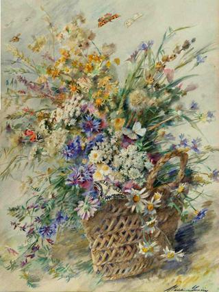 Large Still Life of Wildflowers in a Basket with a Butterfly