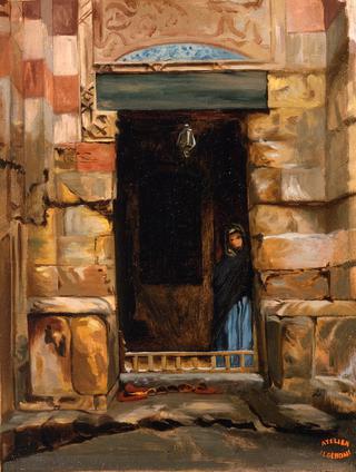 门口的阿拉伯女人（油画素描）