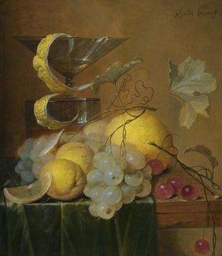 Still Life with a Wine Glass, Lemon Peel, Peaches, Grapes and Cherries