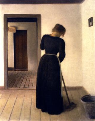 Interior with a Young Woman Sweeping