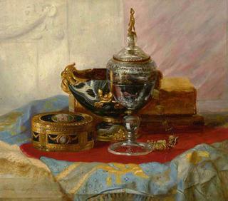 A Still Life with a Lady's Gold Box, a crystal Chalice and Other Objects on a Draped Marble Table