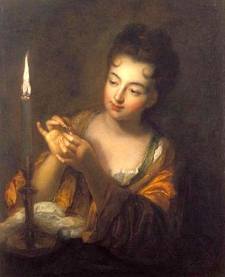 Woman Embroidering in the Candlelight