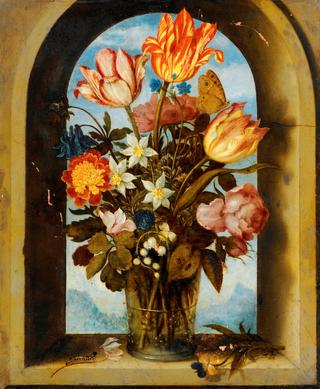 Still Life of Tulips, Moss-Roses, Lily-of-the-Valley and other Flowers in a Glass Beaker