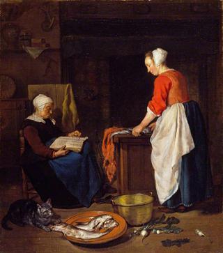 A Kitchen Maid Cleaning Fish and an Old Woman Asleep