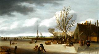 Winter Landscape with a Boy on skates pushing a Sled