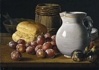 Still Life with Plums, Figs, Bread, Keg, Jug and Other Vessels