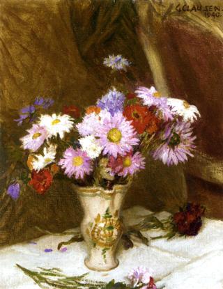Still Life with Michaelmas Daisies and Cornflowers in a Jug on a White Cloth draped Table