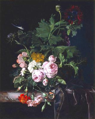 Peonies, Carnations, Thistles and other Flowers in a Glass Vase