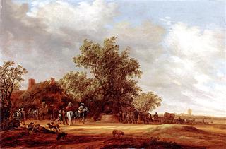 An Extensive Landscape with Travelers Halting at a Farmhouse, a Village beyond