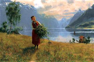 Young Girl with Birch Twigs in Front of a Norwegian Fjord