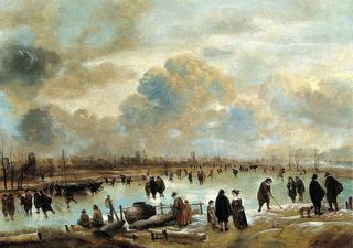 Winter Landscape with Skaters on a Frozen Waterway