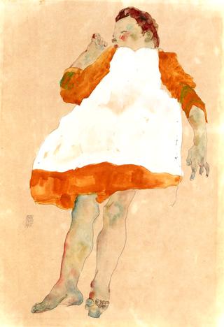 Child in Orange Dress with White Pinafore