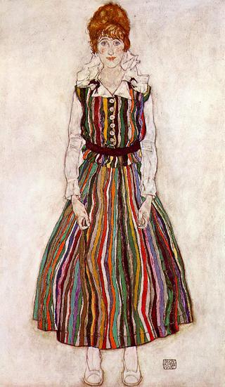 伊迪丝·席勒身着条纹连衣裙的肖像