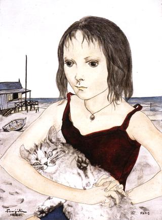 Young Girl with Her Cat on the Beach