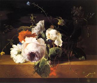 Roses, Carnations, and Assorted Wildflowers in a Basket on a Marble Ledge