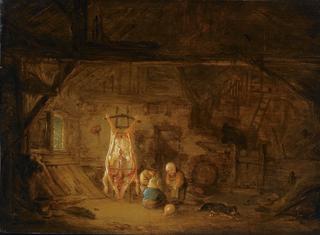 A Barn Interior with Three Children Playing with a Pig's Bladder