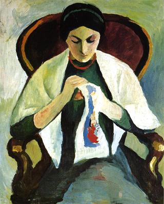 在扶手椅上刺绣的女人：艺术家妻子的画像