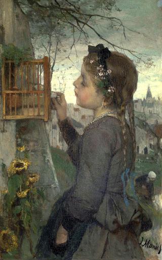 Girl feeding her Bird in a Cage