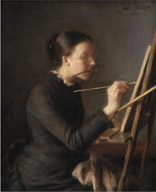 画家阿格尼丝·保尔森，画家的妹妹，在画架上