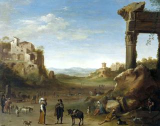 牧羊人和他们的羊群在罗马废墟中