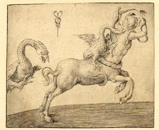 A centaur pursued by flying dragons, one fastened on his back, the other pursuing him