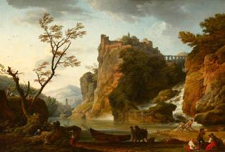 A River Landscape with a Waterfall and a Castle and Aqueduct Above