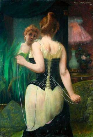 Young woman adjusting her corset before mirror