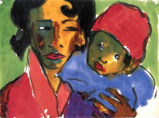 Mother with Child on Her Arm (Red Dress, Red Hat)