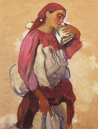 A peasant woman with rolls of canvas on her shoulder and in her hands