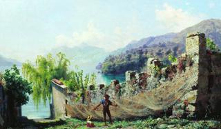 Italian Landscape with Fisherman Drying His Nets