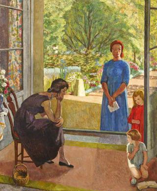 在落地窗边与艺术家、另一名妇女和两名儿童组成的人物组