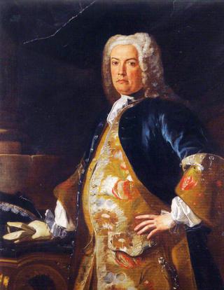一位贵族的肖像，戴着手套的手靠在一张桌子上