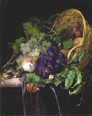 Peaches, Chestnuts and Grapes in an Overturned Basket