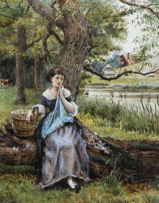 Maid seated by a tree before a river