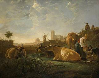 一个挤奶女工和四头牛在多德雷赫特的远处