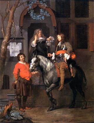 A Woman Filling the Glass of a Cavalier on Horseback