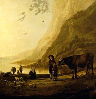 有牧民和公牛的多山河流景观