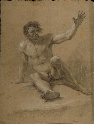 一例手臂抬高的男性裸体坐姿习作