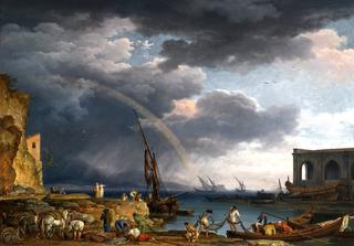 The Rainbow, an Italianate Coastal View with a Rainbow, Peasants at an Inlet in the Foreground