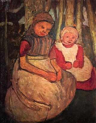 Two girls sitting in the birch forest