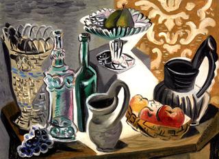 Still LIfe with Basket, Two Bottles and Fruit