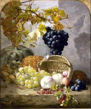 Still life with fruit and an up-turned basket