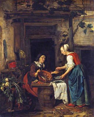 An Old Woman Selling Fish and Vegetables