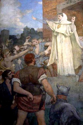St. Genevieve makes confidence and calm to frightened Parisians of the approach of Attila