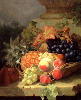 Peaches, Grapes And A Pineapple In A Basket, On A Stone Ledge