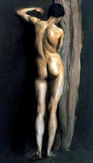 Male Figure Standing by a Pale Brown Curtain