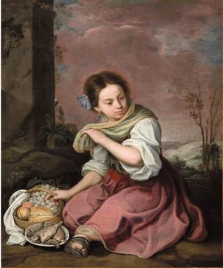 Girl with fish and fruit