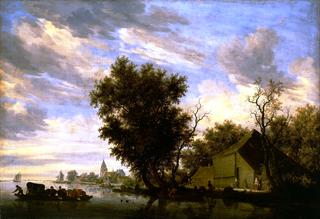 River Scene with Ferry Boat