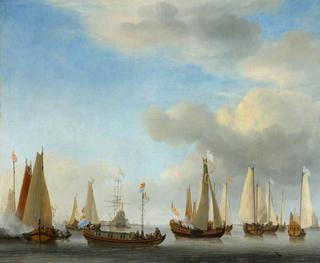 一艘划桨的荷兰国家驳船，贝赞游艇在航行中
